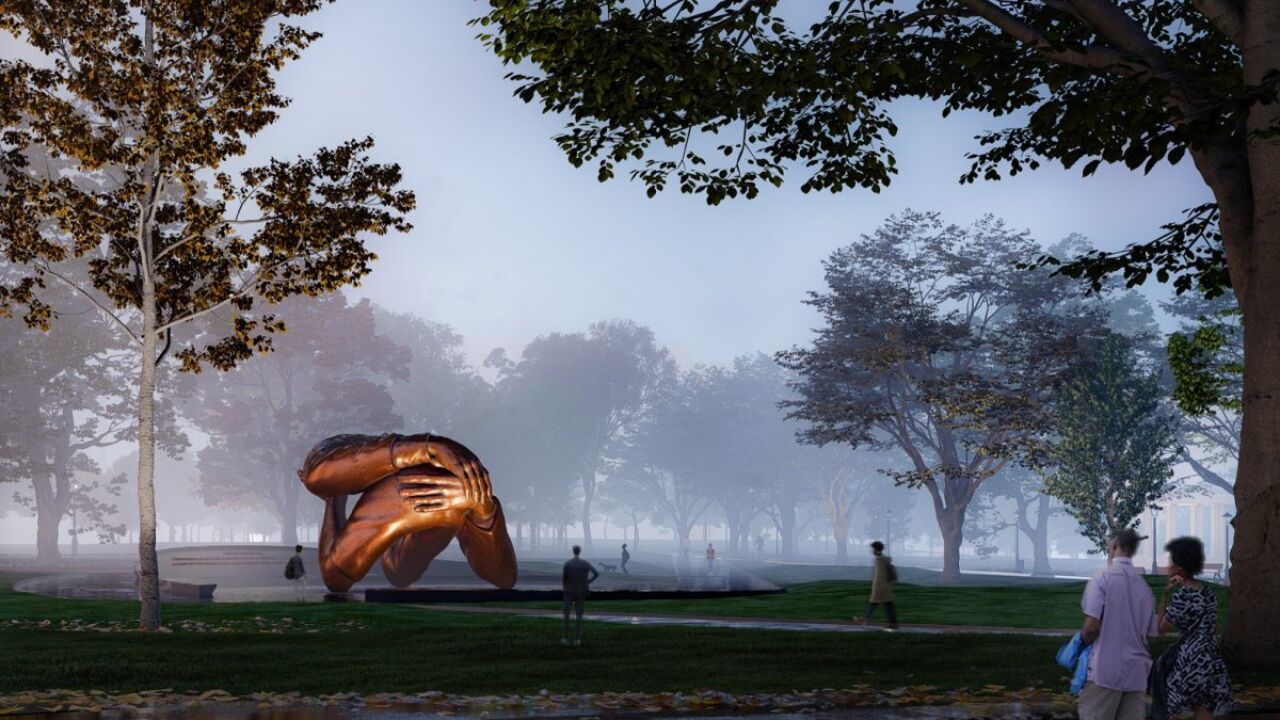 A mockup of The Embrace sculpture in Boston Common.