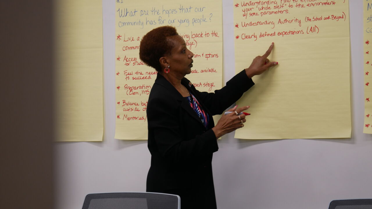 A BIPOC speaker leads an engaging discussion while writing on giant notepads.