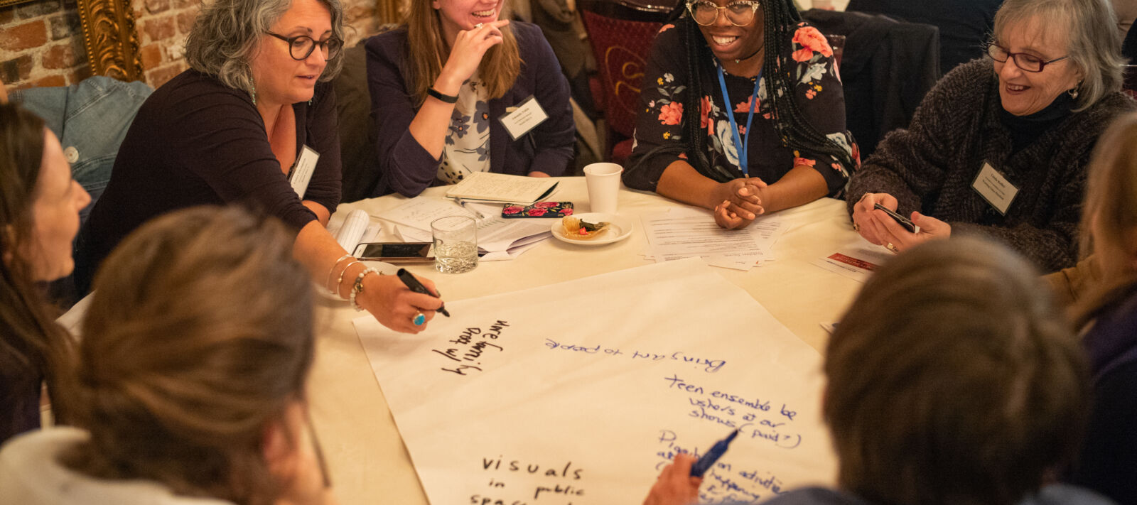Small group of people at a table at a workshop, with chart paper, pens, smiles.