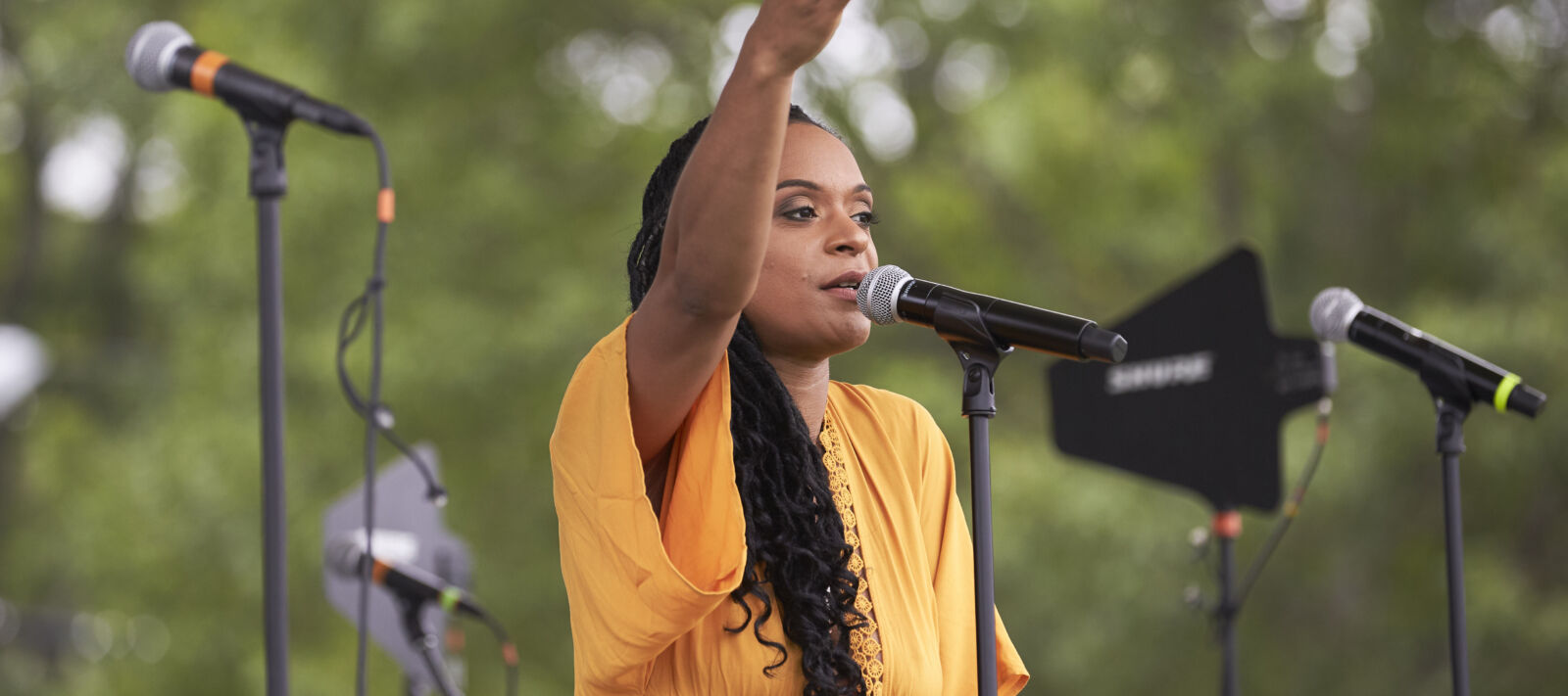 A woman sings on the stage at a concert.