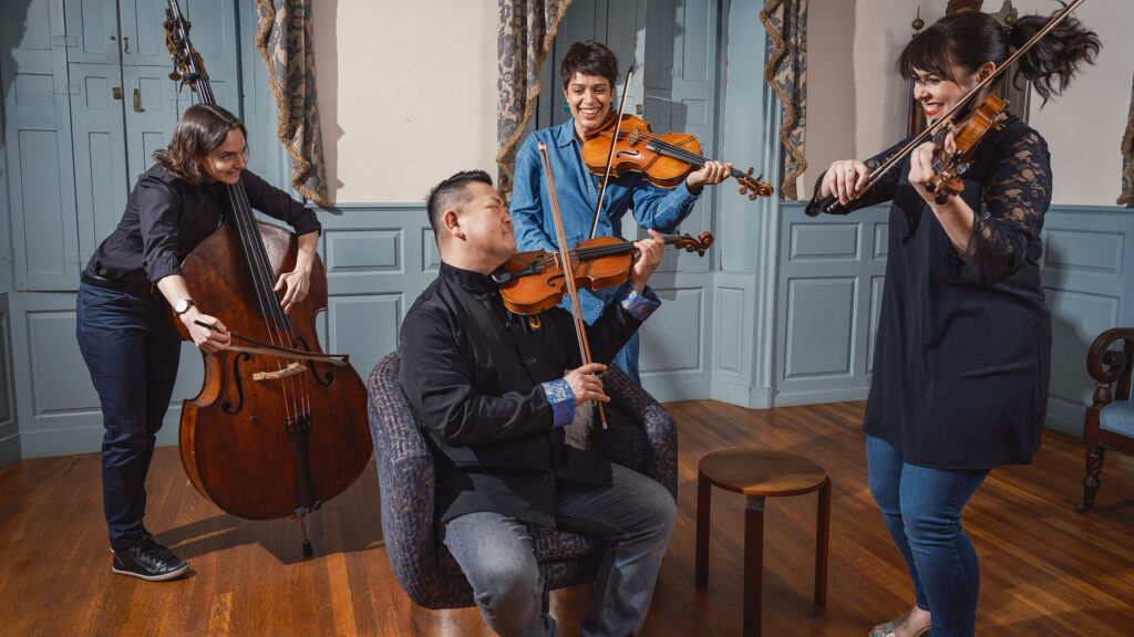 A small group of classical musicians play string instruments