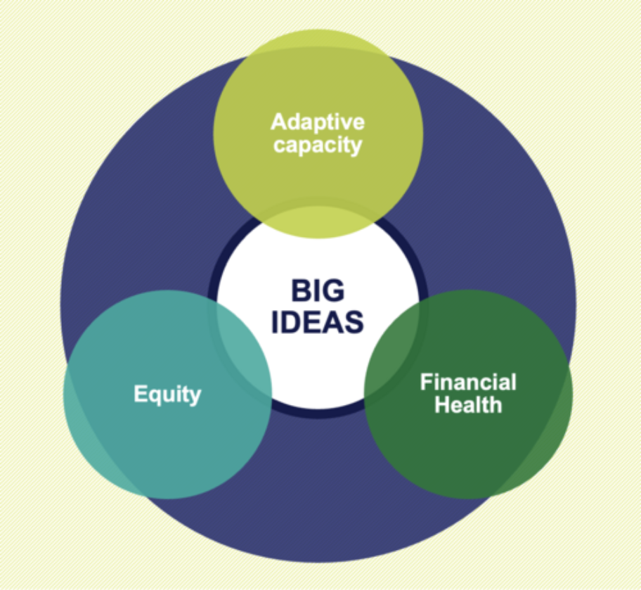 Graphic showing three circles reading "Equity," "Adaptive Capacity" and "Financial Health" surrounding a center circle that reads "Big Ideas"