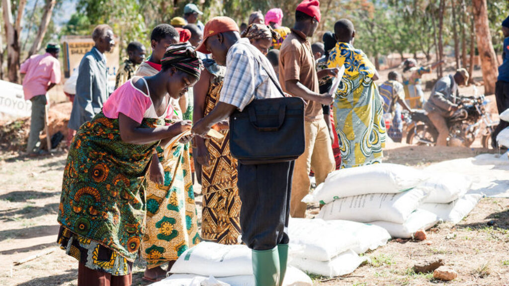 Outreach workers from the One Acre Fund assist community members with paperwork. Many in the assembled group wear brightly colored kaftan cloth, and line up near stacks of large bags of rice.